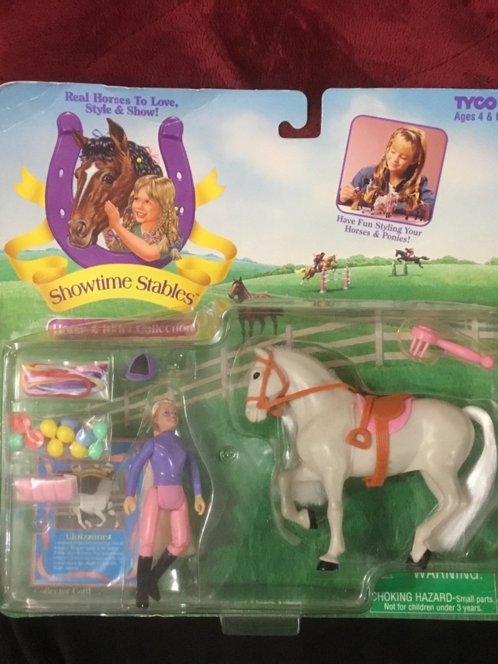Vintage 1996 Tyco Showtime Stables Rider, Horse, Comb/Hair, Beads,Collector Card